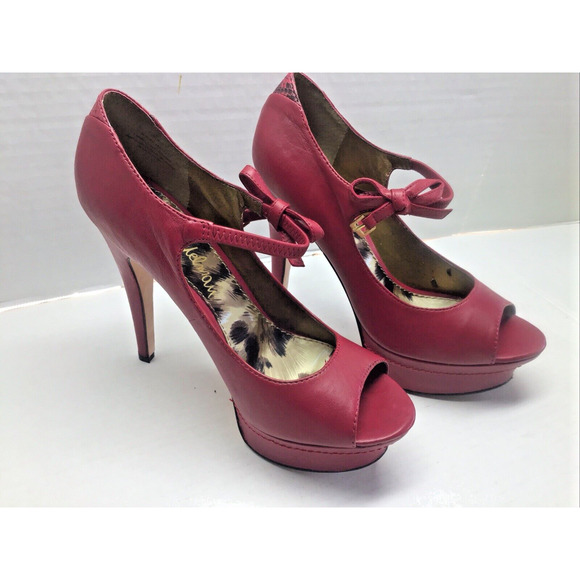 Edelman Red Leather Poppy Stilettos Peep Toe Platform Bow Ankle Strap 7.5 & Box - Picture 3 of 12